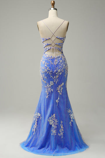 Mermaid V Neck Light Blue Long Ball Dress with Appliques Beading